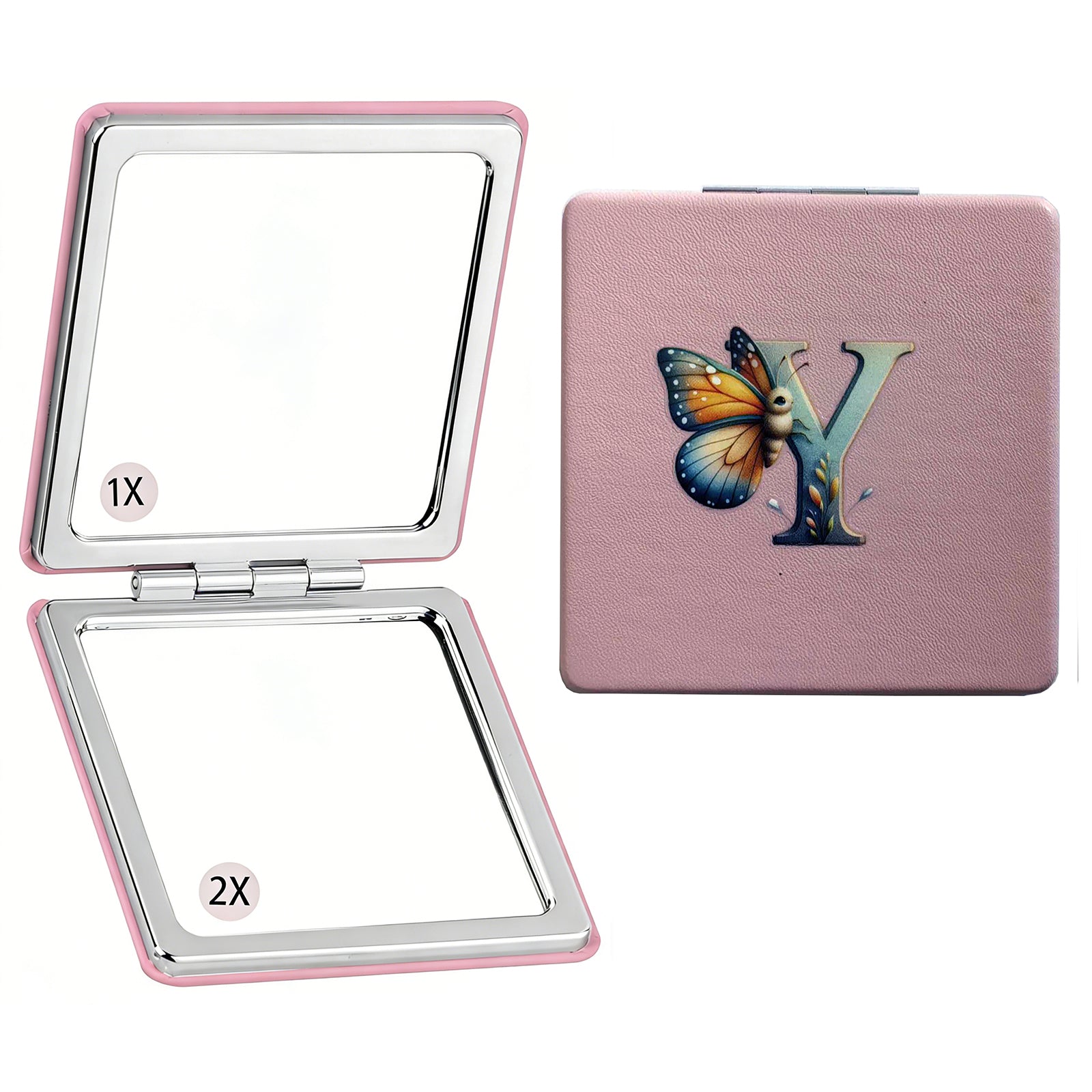Personalized Butterfly Monogram Compact Mirror | 1X/2X Double-Sided Travel Makeup Mirror for Women