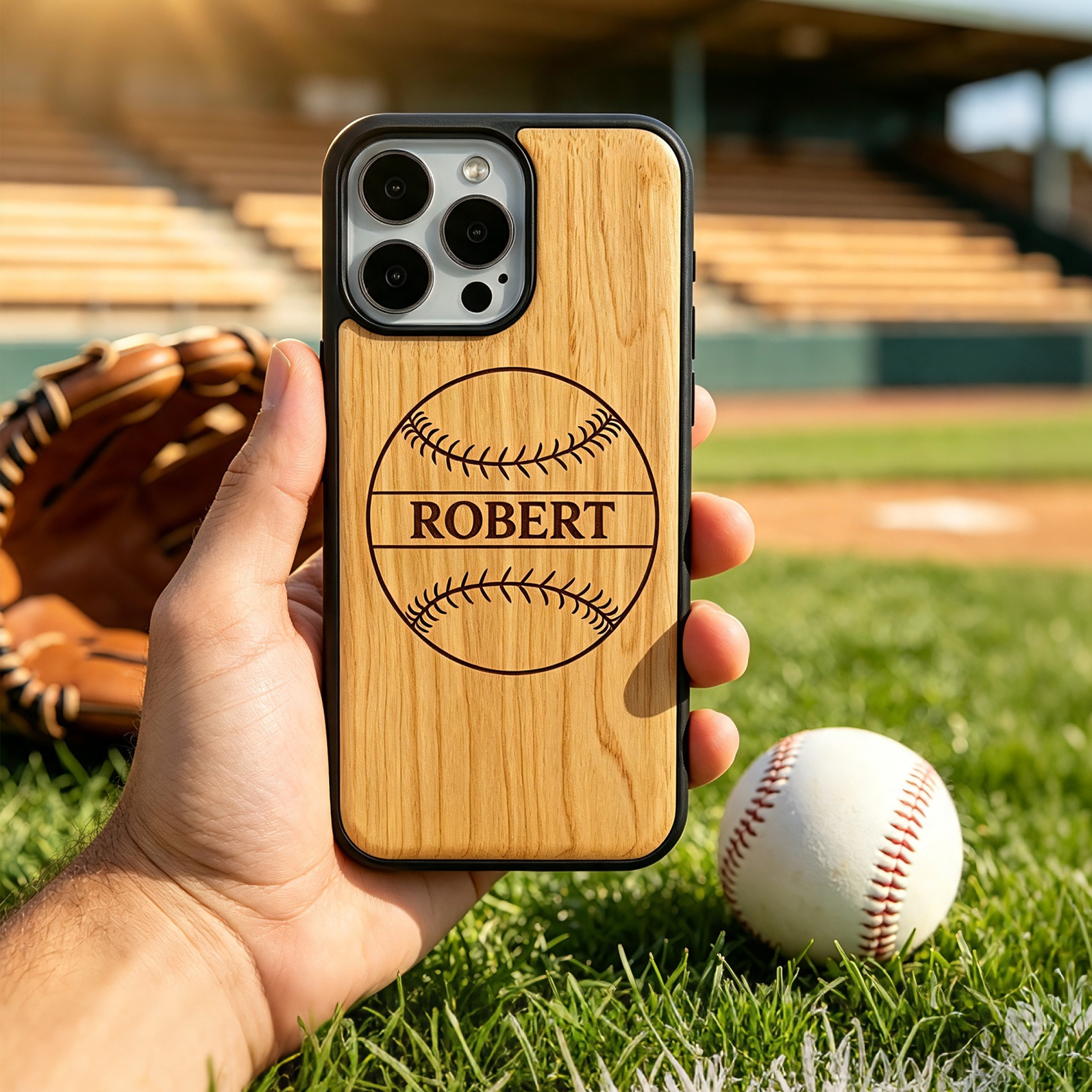 Personalized Baseball Name Laser Engraved Phone Case for iPhone 17,16,15,14,13,12 - Pro Max Plus| Bamboo, Maple, Walnut & Leather