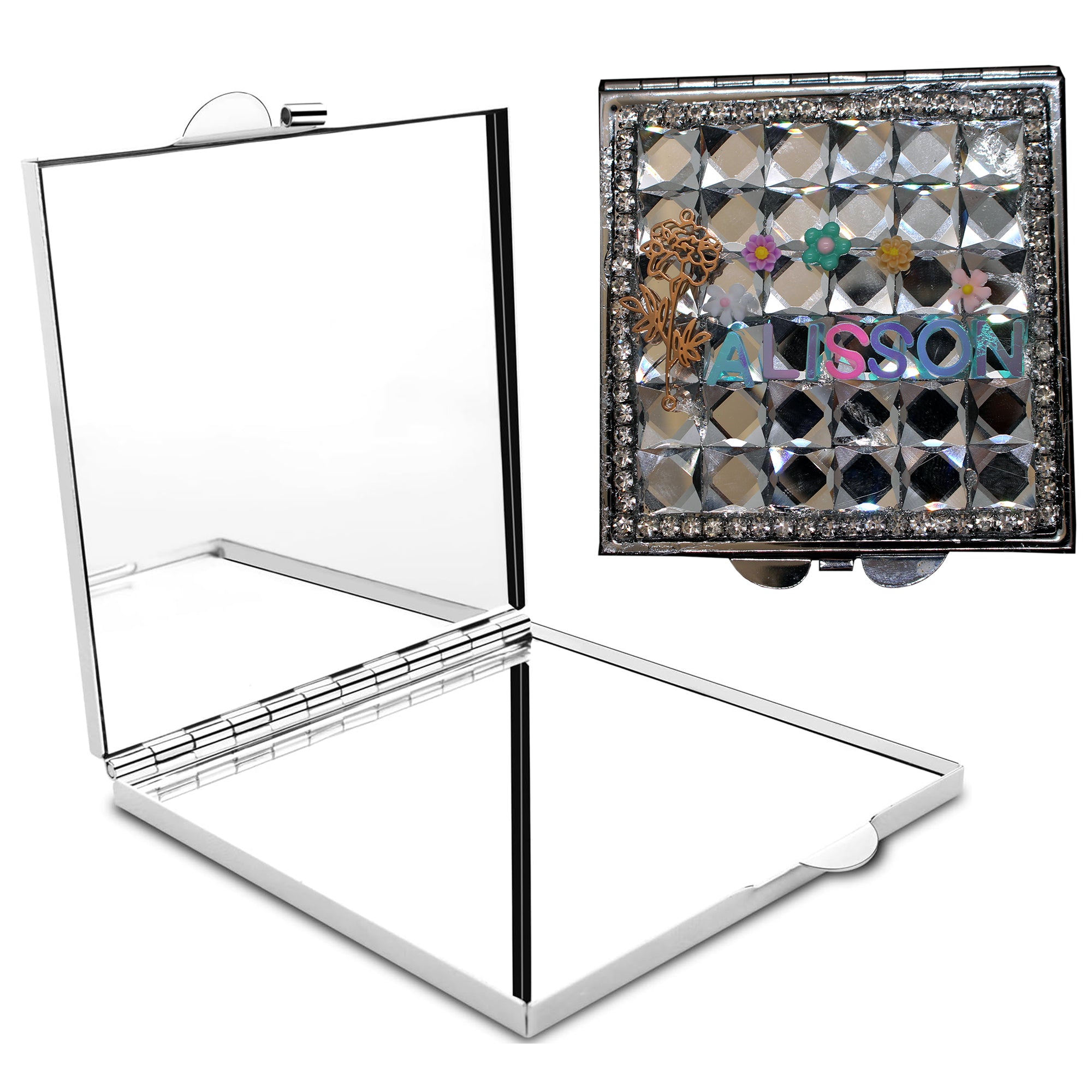 Personalized Name and Birthday Flower Square Compact Mirror — Double-Sided 1X/2X Magnifying Makeup Mirror
