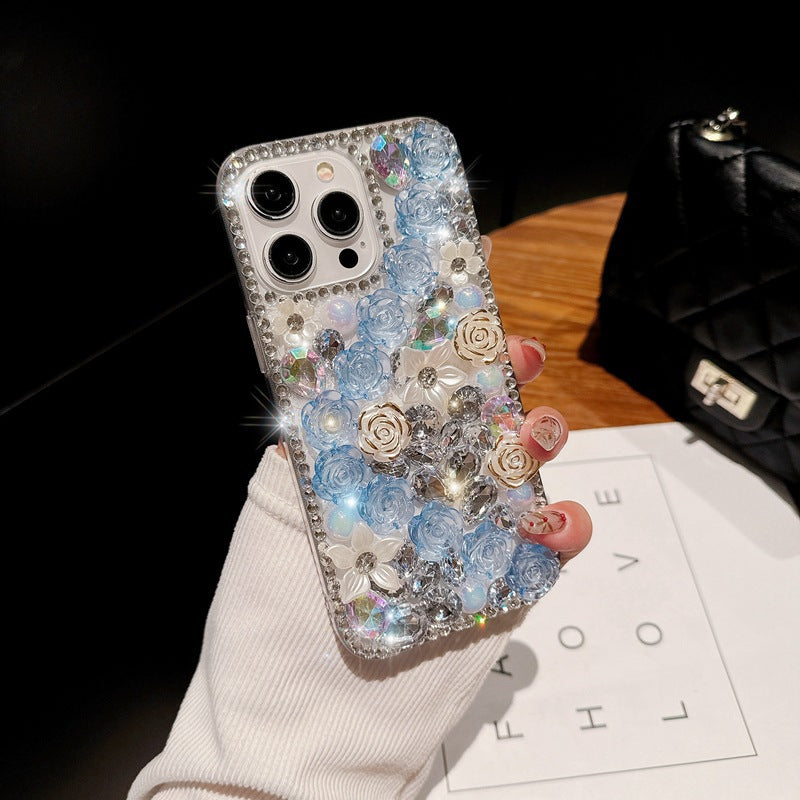Handmade Rhinestone Phone Case — Sparkling Diamond Heart Crystal Cover for iPhone & Samsung（Rose Garden）
