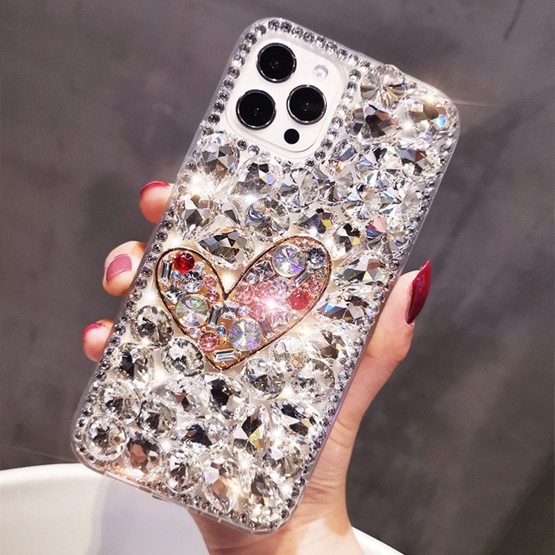 Handmade Rhinestone Phone Case — Sparkling Diamond Heart Crystal Cover for iPhone & Samsung