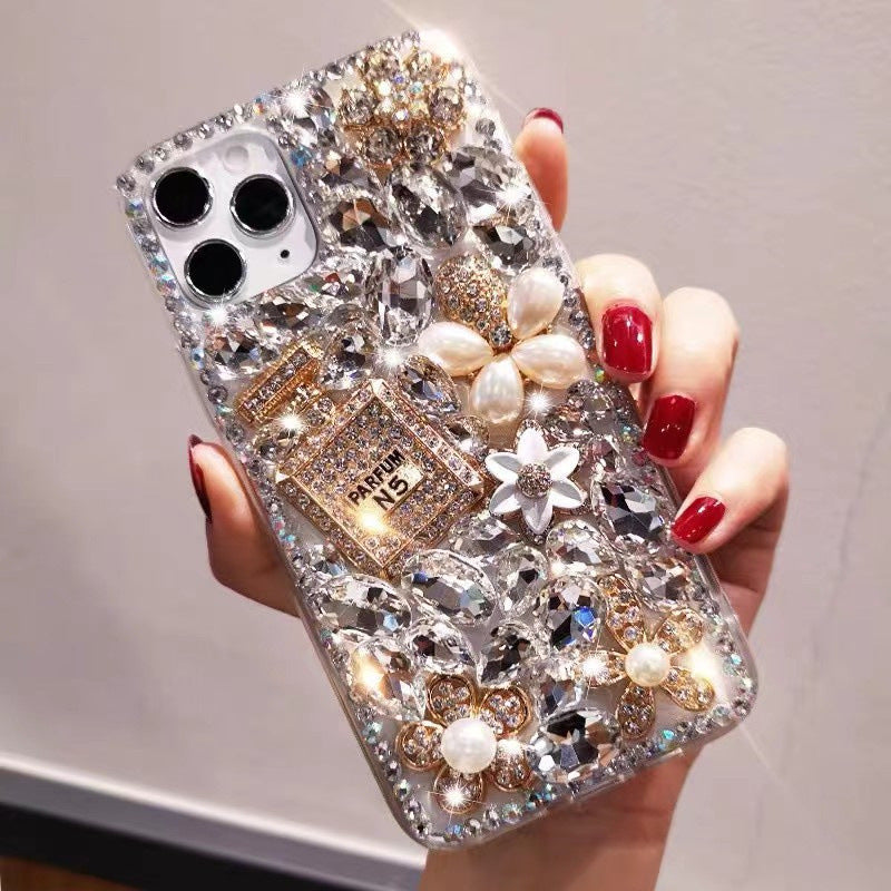 Handmade Rhinestone Phone Case — Sparkling Diamond Heart Crystal Cover for iPhone & Samsung（Perfume Bottle）