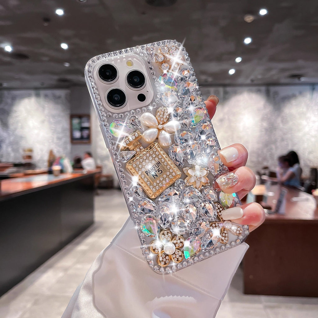 Handmade Rhinestone Phone Case — Sparkling Diamond Heart Crystal Cover for iPhone & Samsung（Perfume Bottle）