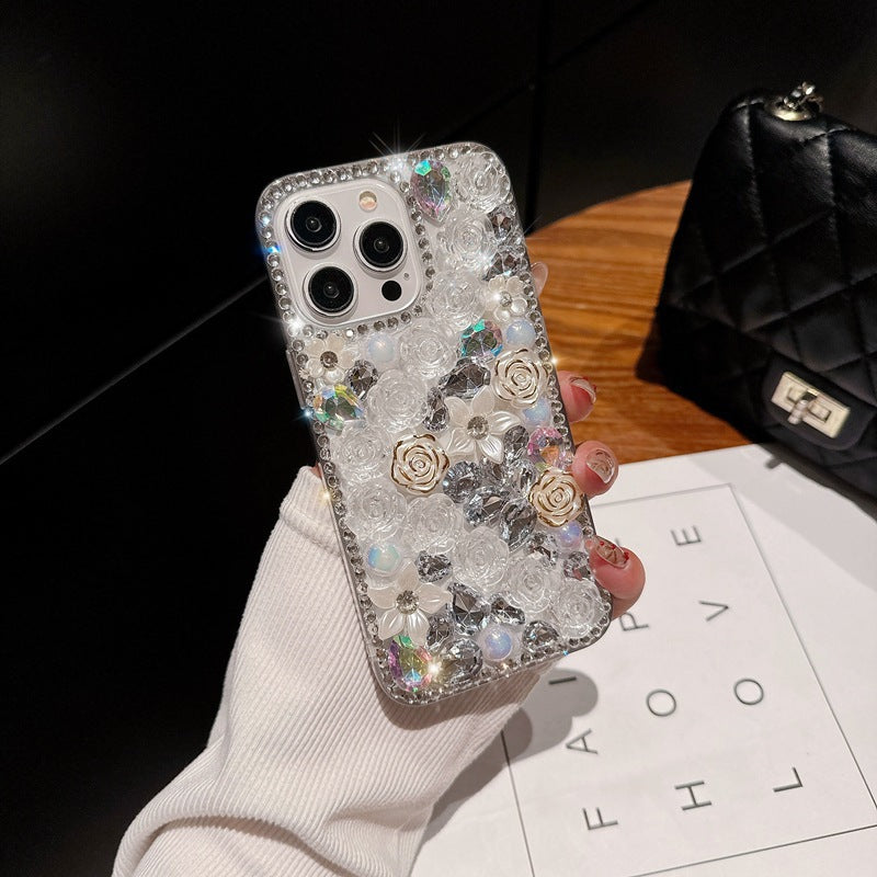 Handmade Rhinestone Phone Case — Sparkling Diamond Heart Crystal Cover for iPhone & Samsung（Rose Garden）