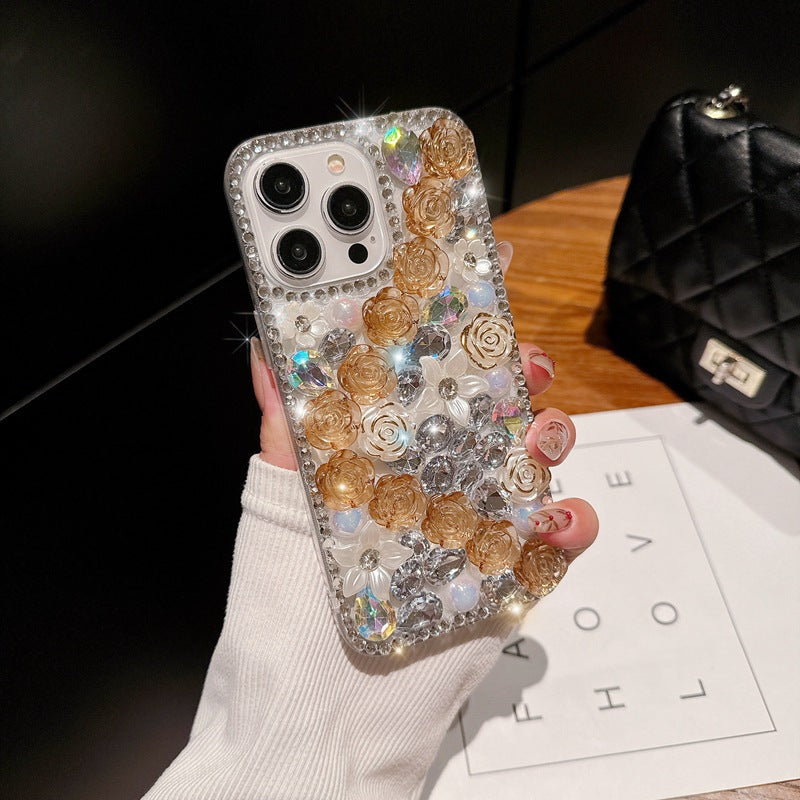 Handmade Rhinestone Phone Case — Sparkling Diamond Heart Crystal Cover for iPhone & Samsung（Rose Garden）