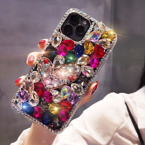 Handmade Rhinestone Phone Case — Sparkling Diamond Heart Crystal Cover for iPhone & Samsung