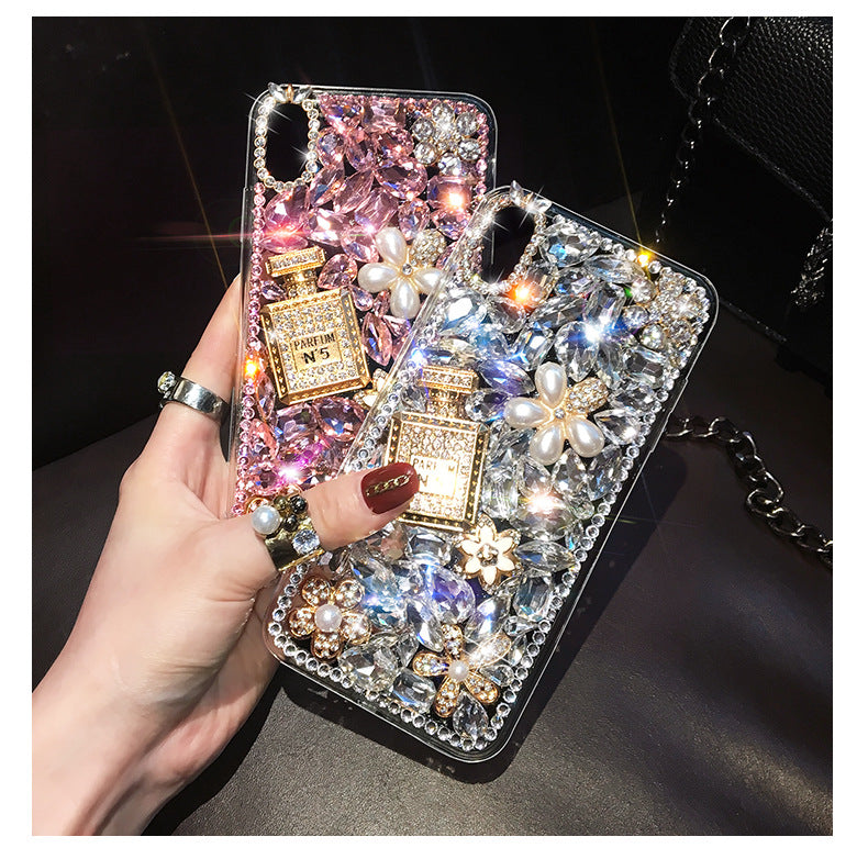 Handmade Rhinestone Phone Case — Sparkling Diamond Heart Crystal Cover for iPhone & Samsung（Perfume Bottle）