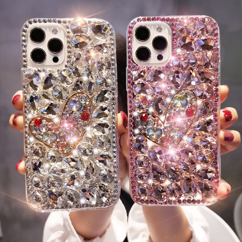 Handmade Rhinestone Phone Case — Sparkling Diamond Heart Crystal Cover for iPhone & Samsung