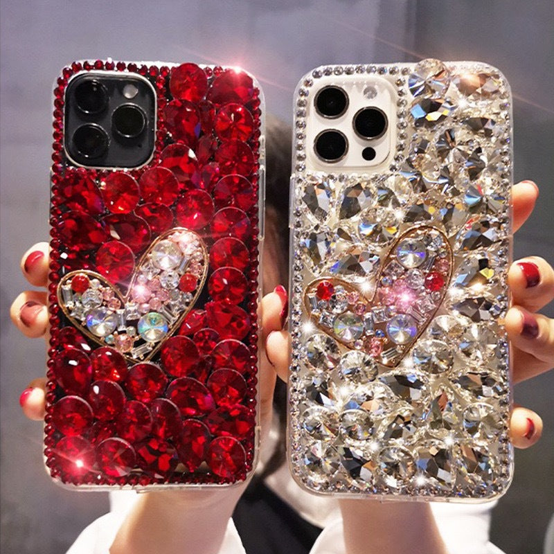 Handmade Rhinestone Phone Case — Sparkling Diamond Heart Crystal Cover for iPhone & Samsung