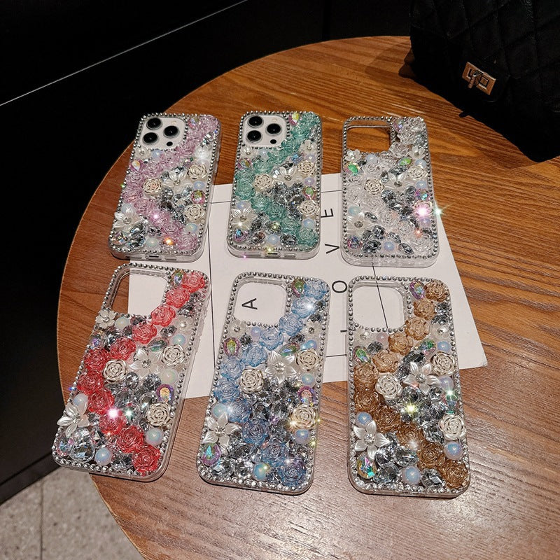 Handmade Rhinestone Phone Case — Sparkling Diamond Heart Crystal Cover for iPhone & Samsung（Rose Garden）