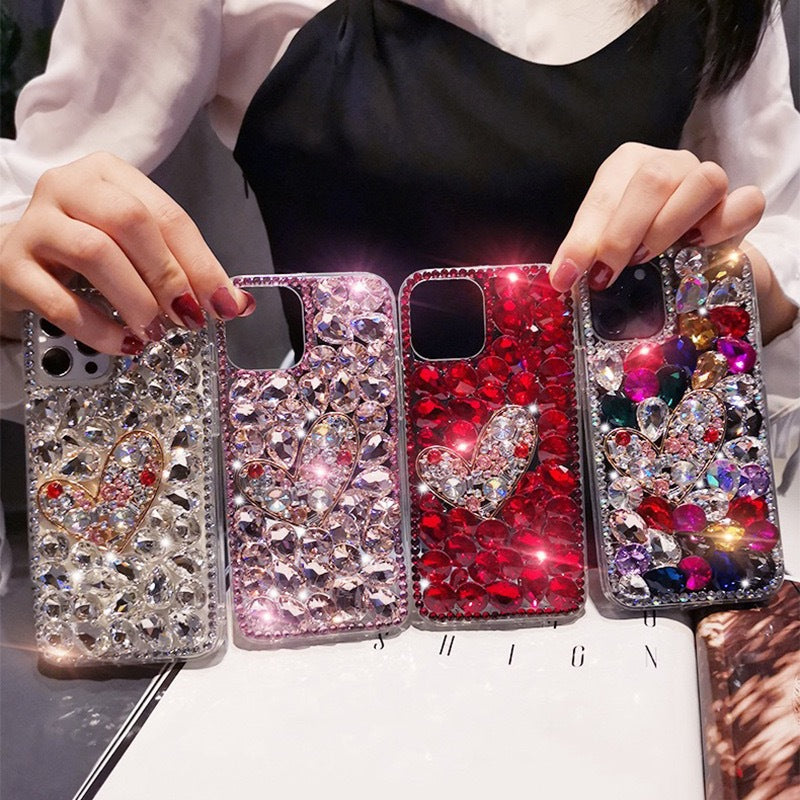 Handmade Rhinestone Phone Case — Sparkling Diamond Heart Crystal Cover for iPhone & Samsung