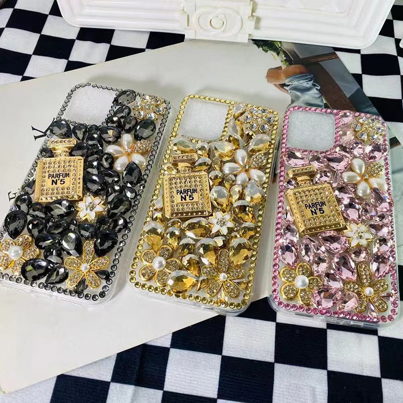 Handmade Rhinestone Phone Case — Sparkling Diamond Heart Crystal Cover for iPhone & Samsung（Perfume Bottle）