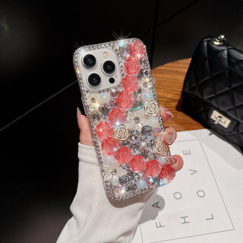 Handmade Rhinestone Phone Case — Sparkling Diamond Heart Crystal Cover for iPhone & Samsung（Rose Garden）