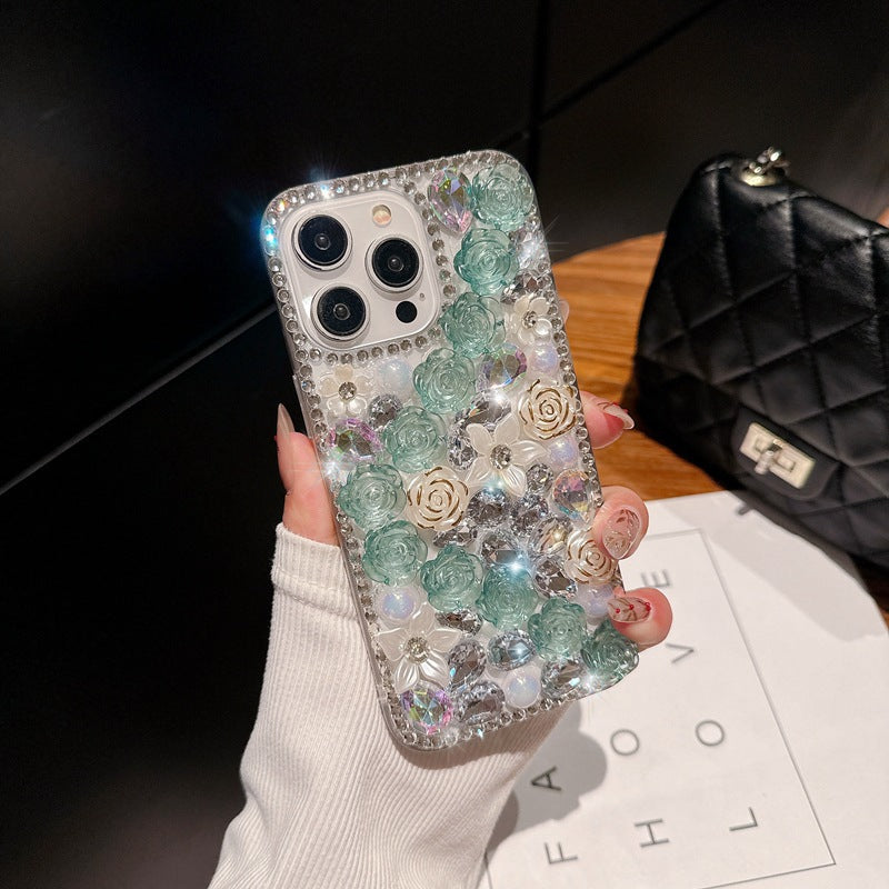 Handmade Rhinestone Phone Case — Sparkling Diamond Heart Crystal Cover for iPhone & Samsung（Rose Garden）