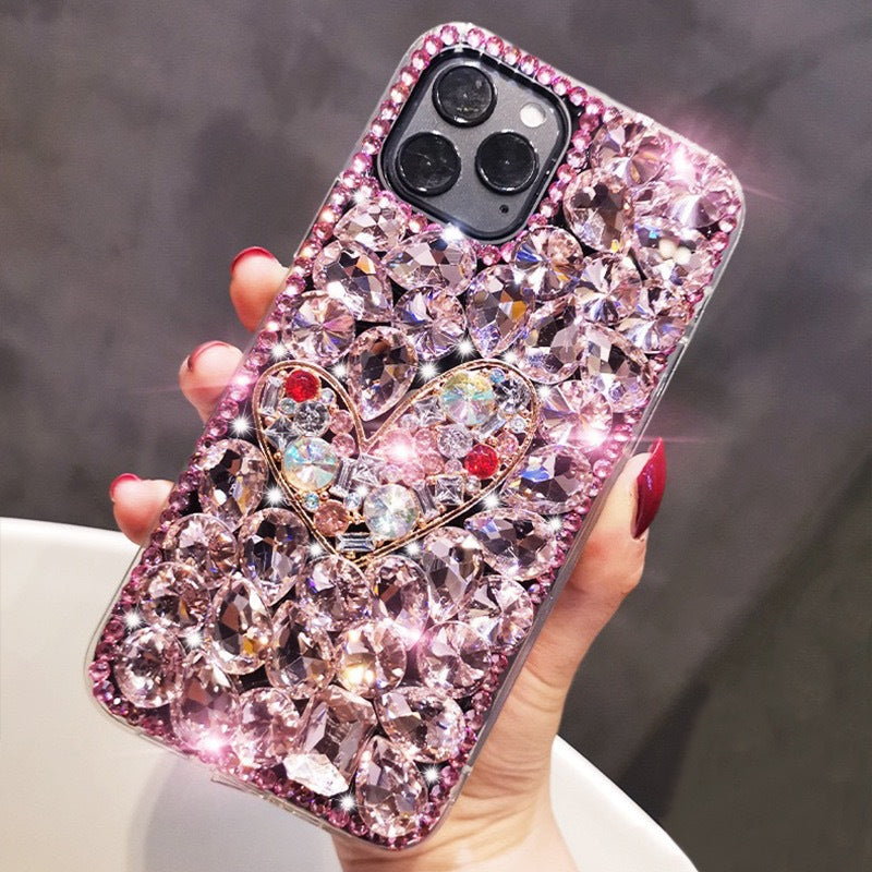 Handmade Rhinestone Phone Case — Sparkling Diamond Heart Crystal Cover for iPhone & Samsung