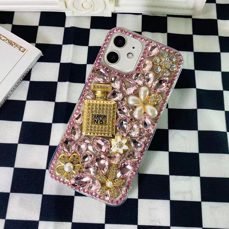 Handmade Rhinestone Phone Case — Sparkling Diamond Heart Crystal Cover for iPhone & Samsung（Perfume Bottle）