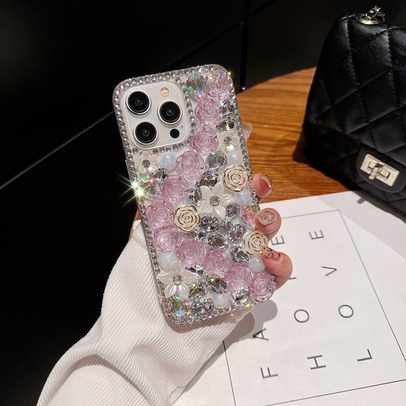 Handmade Rhinestone Phone Case — Sparkling Diamond Heart Crystal Cover for iPhone & Samsung（Rose Garden）