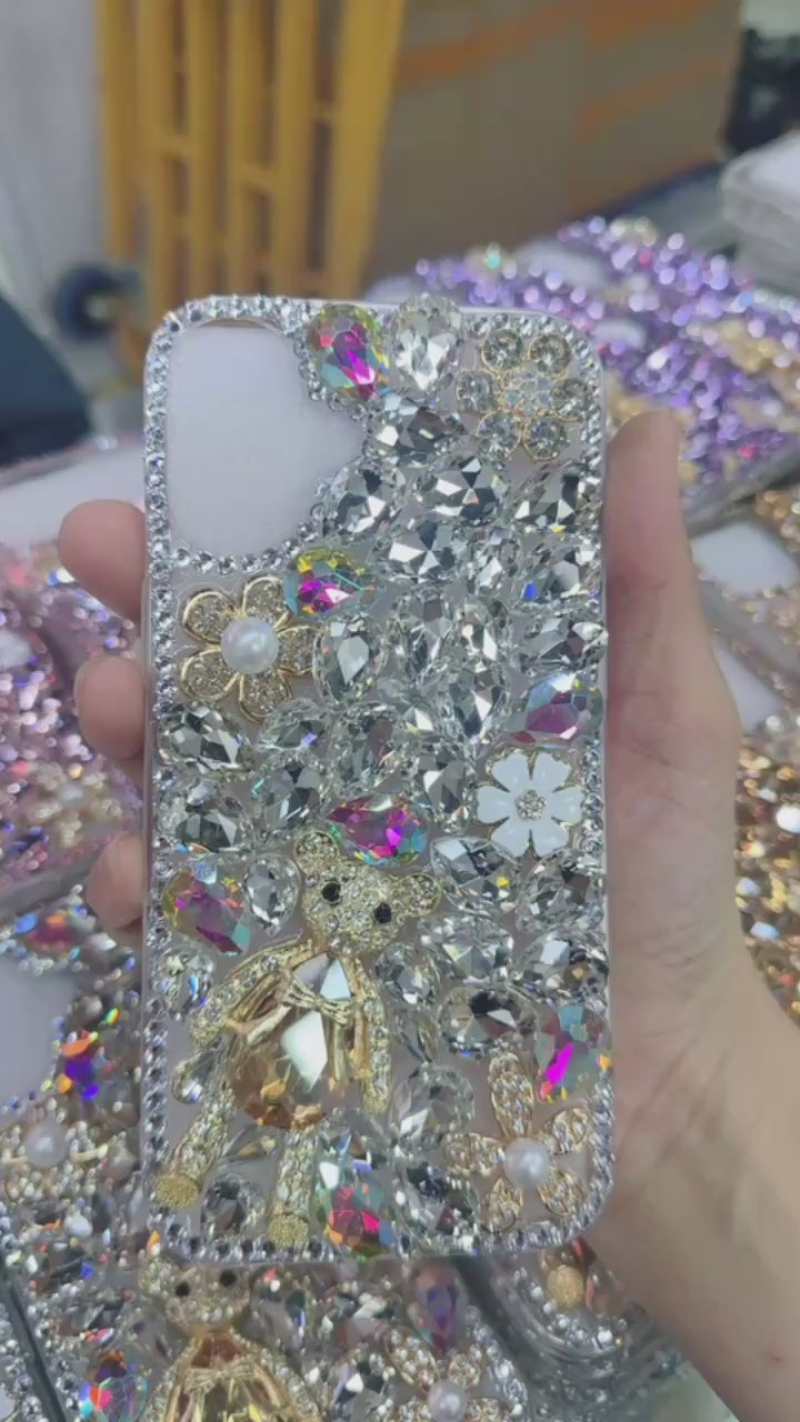 Handmade Rhinestone Phone Case — Sparkling Diamond Bear Crystal Cover for iPhone & Samsung