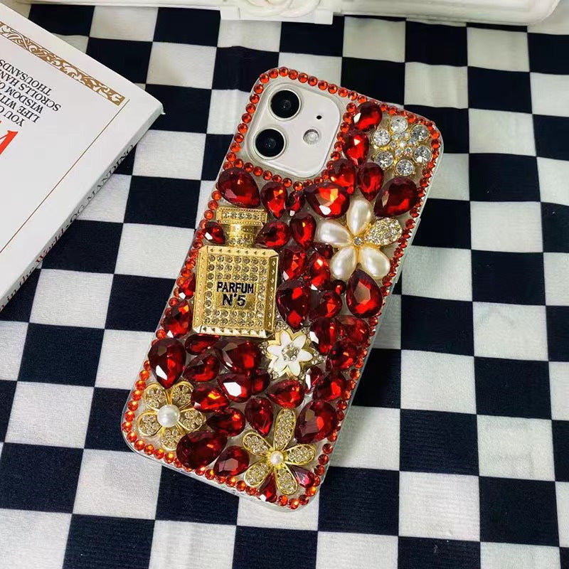 Handmade Rhinestone Phone Case — Sparkling Diamond Heart Crystal Cover for iPhone & Samsung（Perfume Bottle）