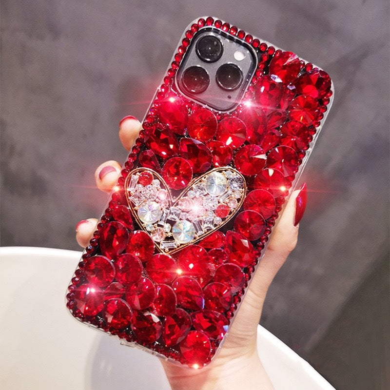 Handmade Rhinestone Phone Case — Sparkling Diamond Heart Crystal Cover for iPhone & Samsung