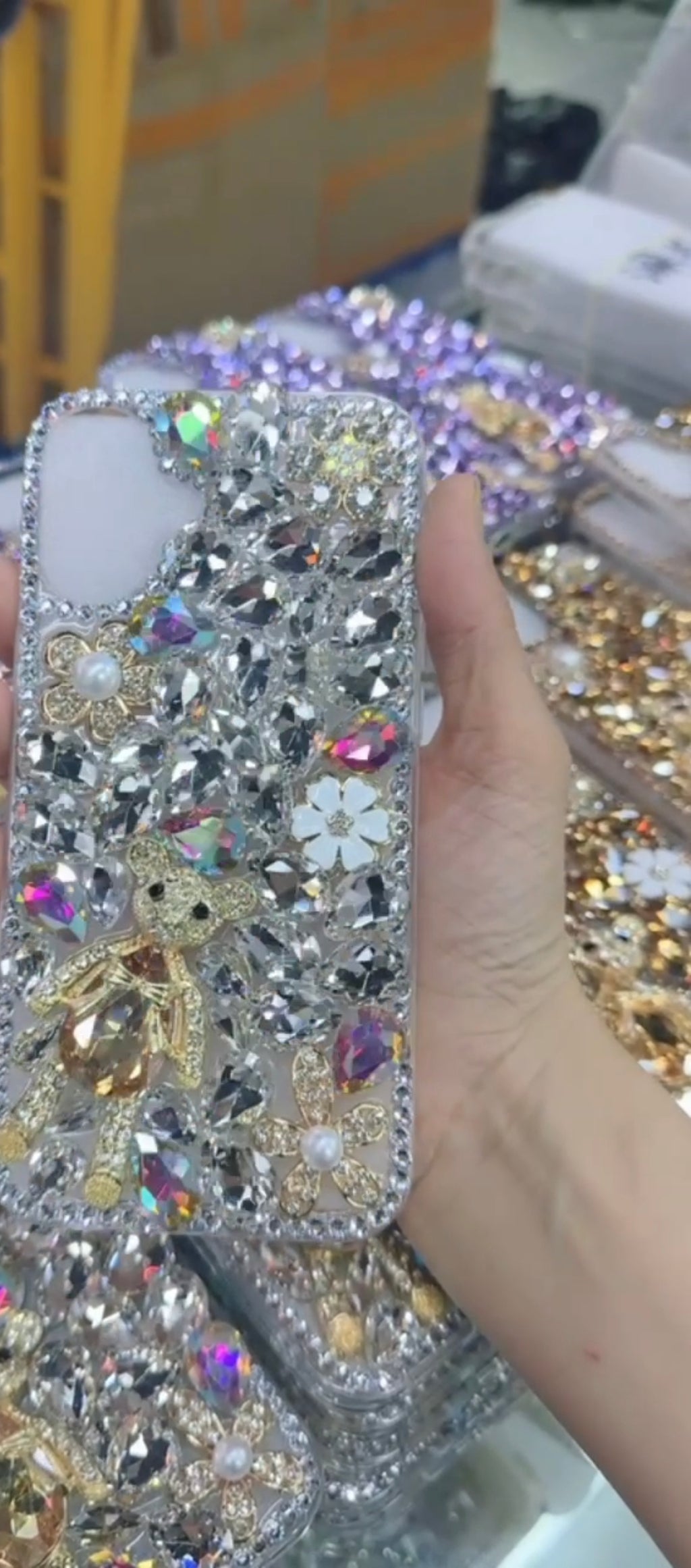 Handmade Rhinestone Phone Case — Sparkling Diamond Bear Crystal Cover for iPhone & Samsung