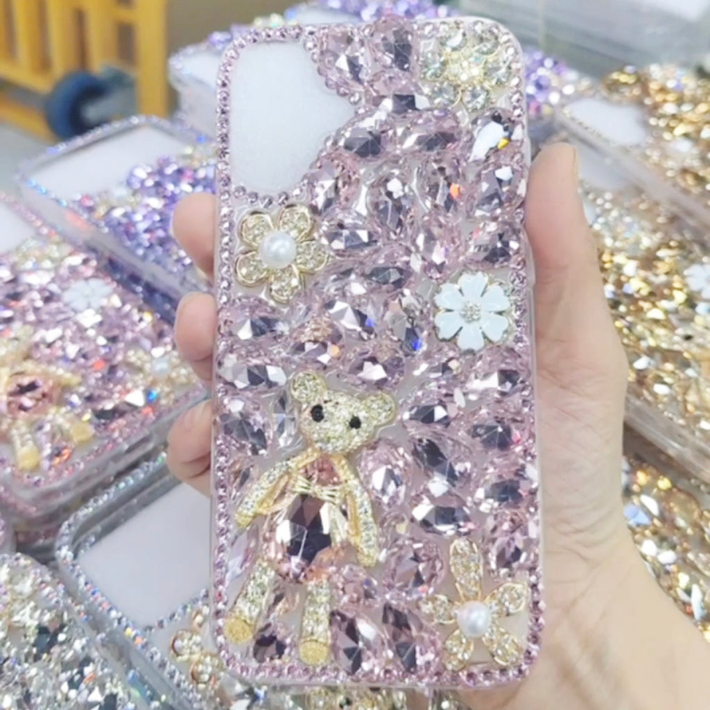 Handmade Rhinestone Phone Case — Sparkling Diamond Bear Crystal Cover for iPhone & Samsung